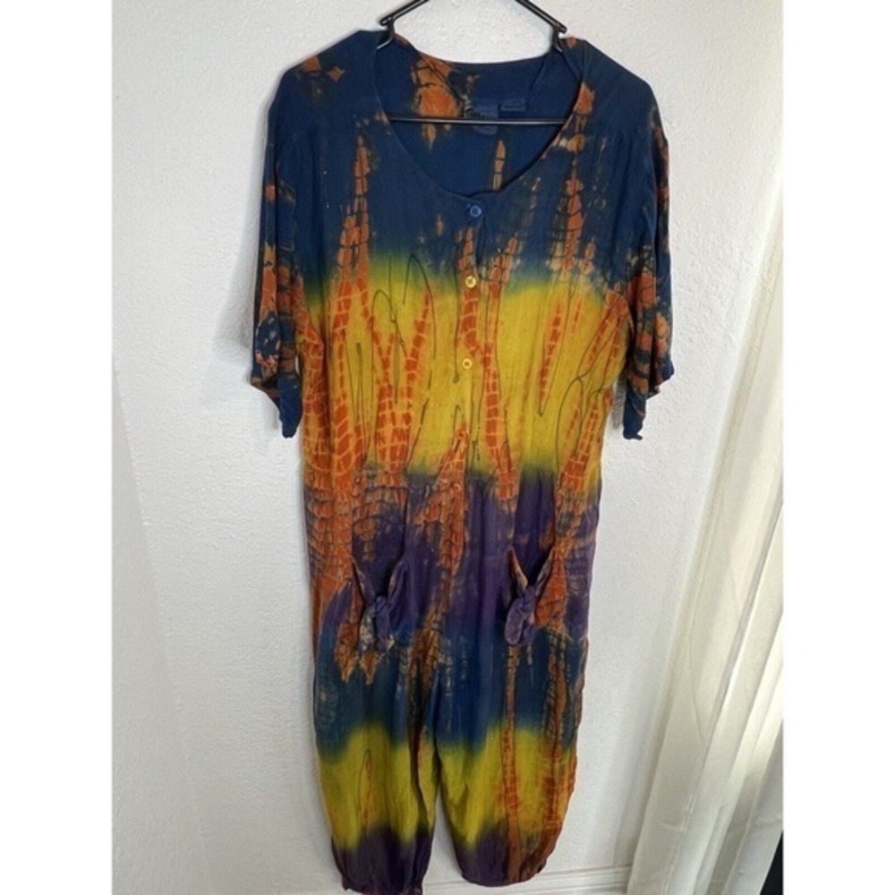 Vintage Rosey Tomato Multicolor Artistic Graphic Print Jumpsuit Size Large